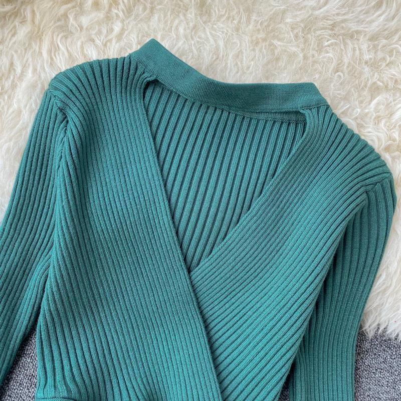 Slim Knitted Halter Neck Dress Sexy Hollow Out Knit Sweater Midi Dress Bodycon Party Long Sleeve Winter Women Pencil Dress 201110