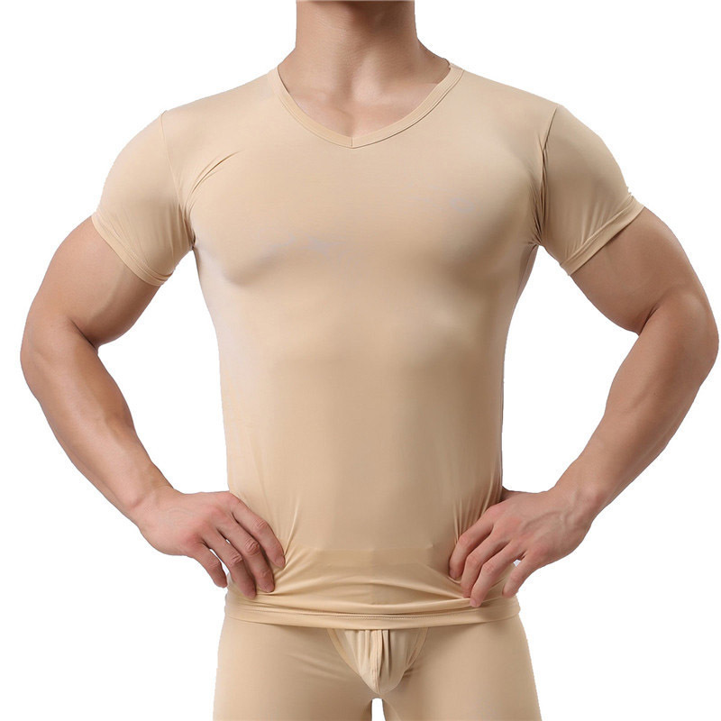 Men Trousers + Undershirts Ice Silk Penis Pouch Leggings Shorts Sleeve T-shrirts Sets Sports Bodybuilding Gym Fitness Homewear 201023