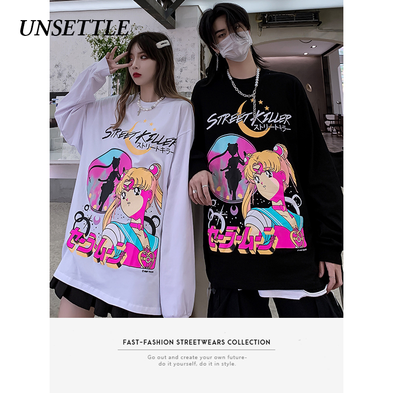 Autumn Oversized t shirt Women Harajuku Graphic Sailor Moon Print Men Long Sleeve Hip Hop Streetwear T-shirts Cotton Tops 201203