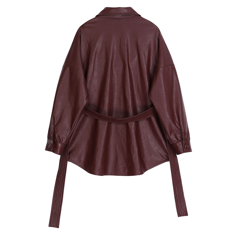New Autumn Winter Lapel Long Sleeve Wine Red Pu Leather Belt Loose Big Size Jacket Women Coat Fashion T200212