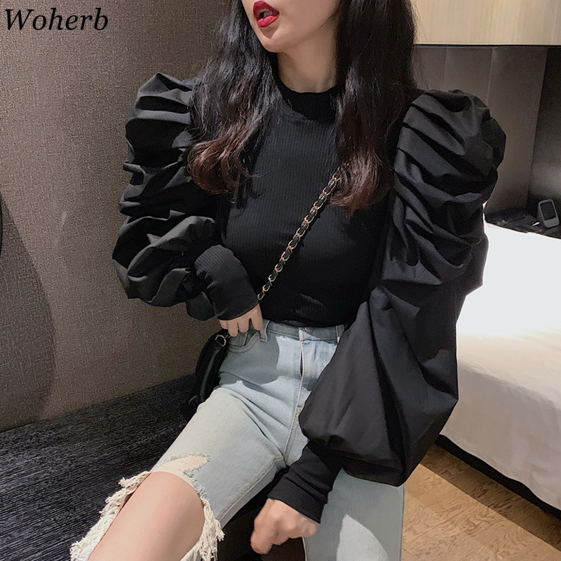 Woherb Korean Fashion Black Pullovers Half Turtleneck Long Puff Sleeve Jumpers Solid Patchwork Slim Sweater Women Autumn New 201223