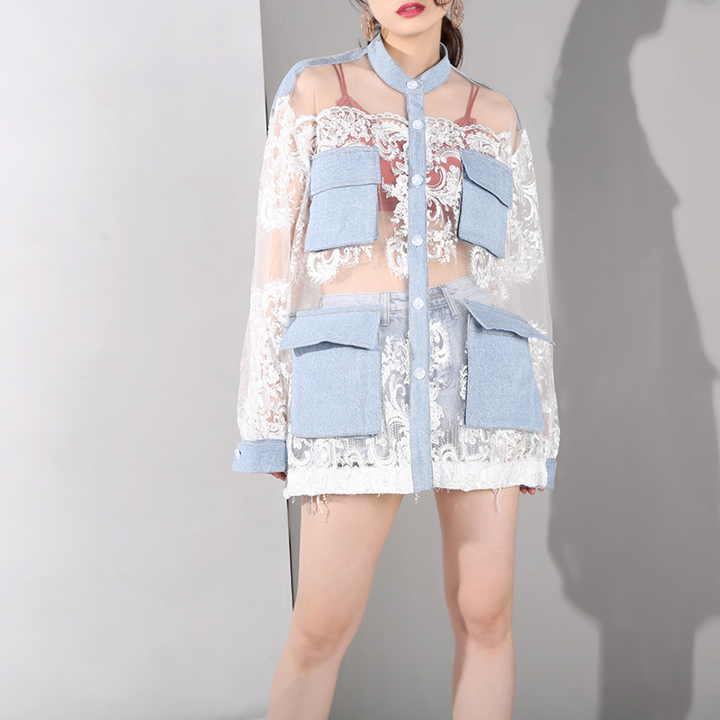 EAM Loose Fit Blue Perspective Denim Big Pocket Jacket Lapel Long Sleeve Women Coat Fashion Spring Autumn JU301 201017