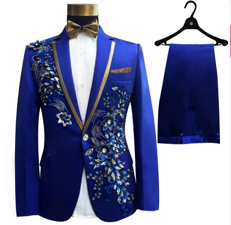 Pink Tuxedo Jacket +pant Beads Suit Mens Stage Wearmens Tuxedos Wedding Plus Size 4XL Pink Royal Blue White Black Red Groom Suit T200303