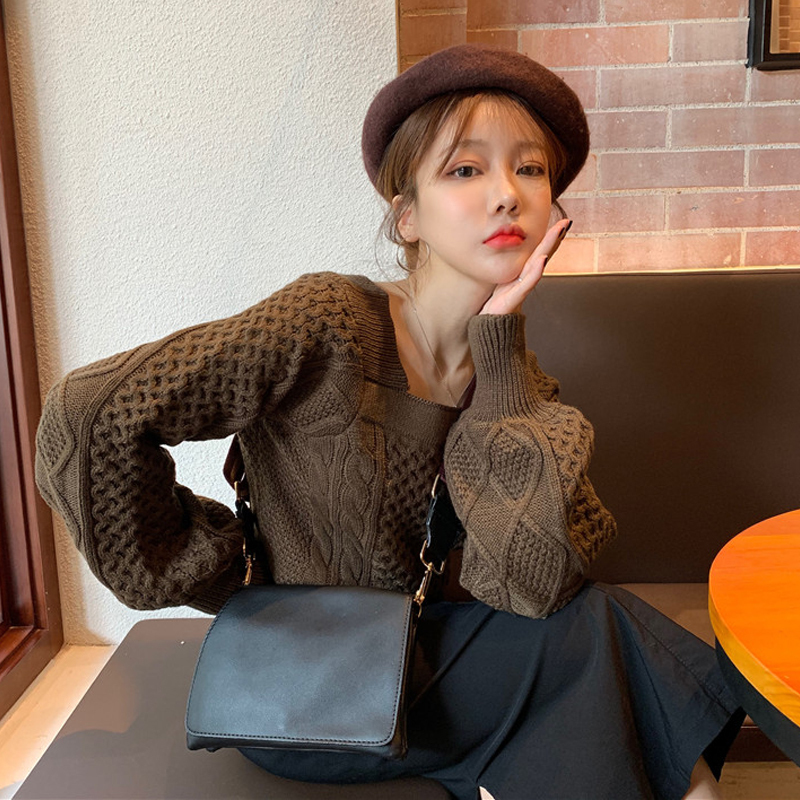 Woherb Vintage Twist Knitted Sweater Women New Square Collar Pullovers Korean Chic Puff Sleeve Tops Jumper Sweet Pull Femme 201030wtt