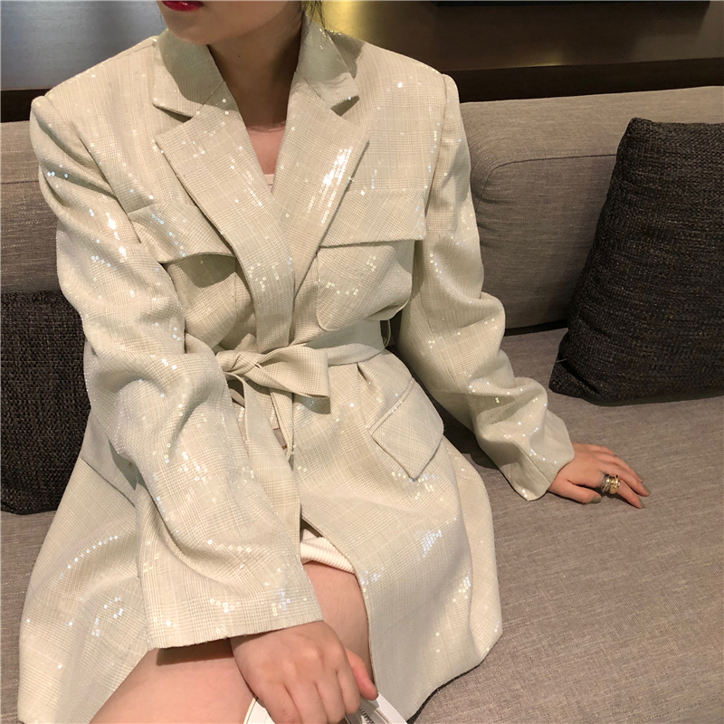 [EAM] Women Beige Sequins Big Size Blazer New Lapel Long Sleeve Loose Fit Jacket Fashion Tide Spring Autumn 1DA501 201201