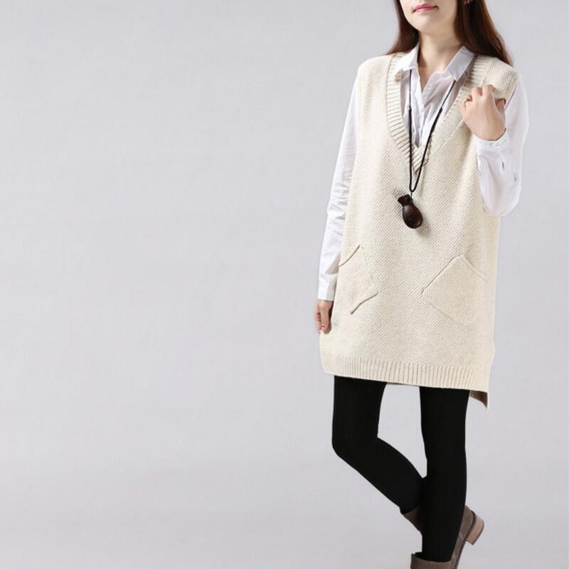 Women Sweater Spring Autumn New Korean Women's Vneck Knit Long Ashaped Pocket Vest Pullover Sleeveless 200924