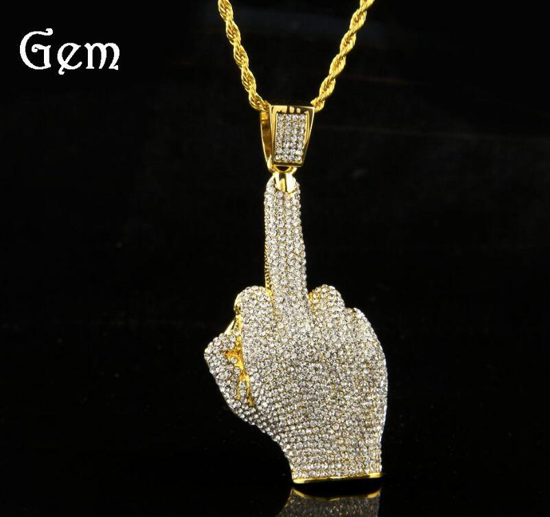 Middle Finger Diamond Necklace Street Wind Heavy Drill Full Diamond Alloy Big Finger Pendant Vertical Middle Finger Hip Hop Necklace jewelry