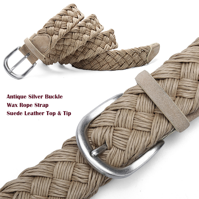 Men Suede Leather Knitted Belt With Wax Rope Braided Strap Antique Silver Buckle Without Holes Cotton Weave Handwork Belts Beige T200113