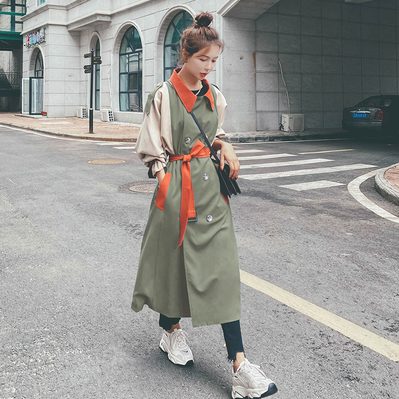 DEAT New Autumn Fashion Women's Trench Coat England Style Hit Color Patchwork Full Sleeve Lapel Collar With Belt TX156 201211