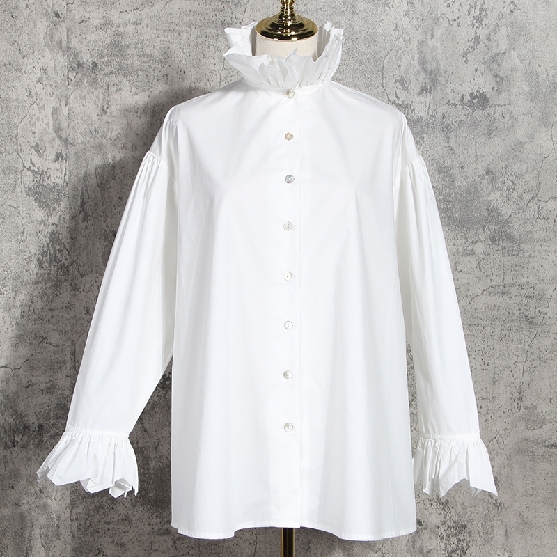 [EAM] Women White Ruffles Split Blouse New Stand Collar Long Sleeve Loose Fit Shirt Fashion Tide Spring Autumn 1N882 201126