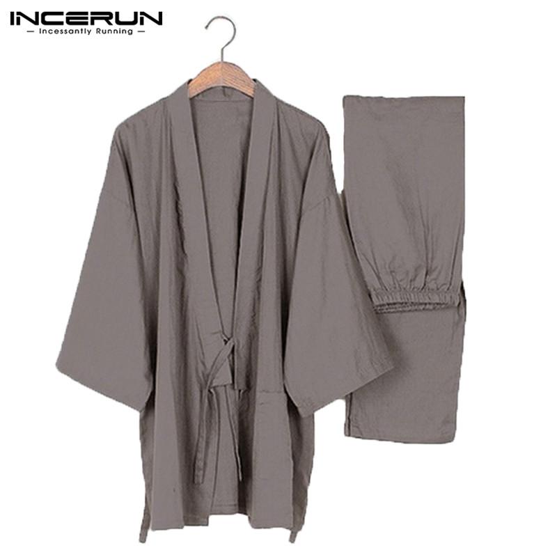 Men's Sleepwear Men Kimono Set Homewear Japanese Style Solid Color Cotton Tops And Pants Pajamas Loose Casual Comfy L-5XL