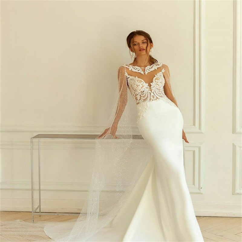Chic Mermaid Wedding Dresses Long Sleeves Bling Sequins Appliques Lace Bridal Gowns Backless Ruched Satin Vestidos De Novia