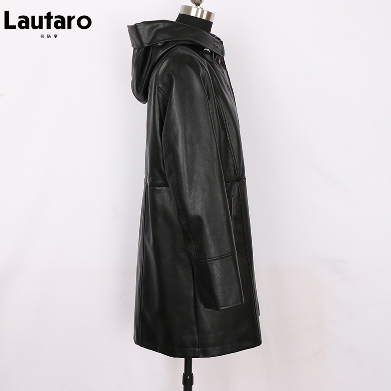 Lautaro Black leather jacket women Plus size hooded windbreaker women long sleeve zipper drawstring Faux leather jackets women 201030