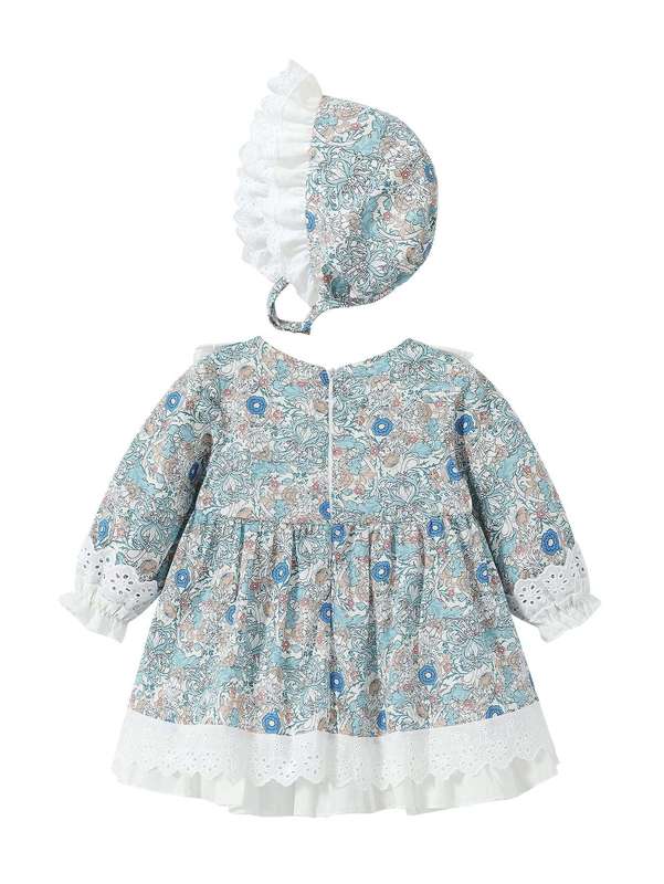 Baby Floral Print Bow Front Lace Trim Dress With Hat SHE