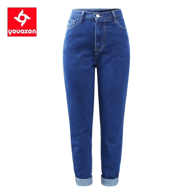 2233 Youaxon 100% Cotton High Waist Boyfriend Jeans Women`s Blue Dense Denim Pants Mom Jean Femme For Women Jeans 201029