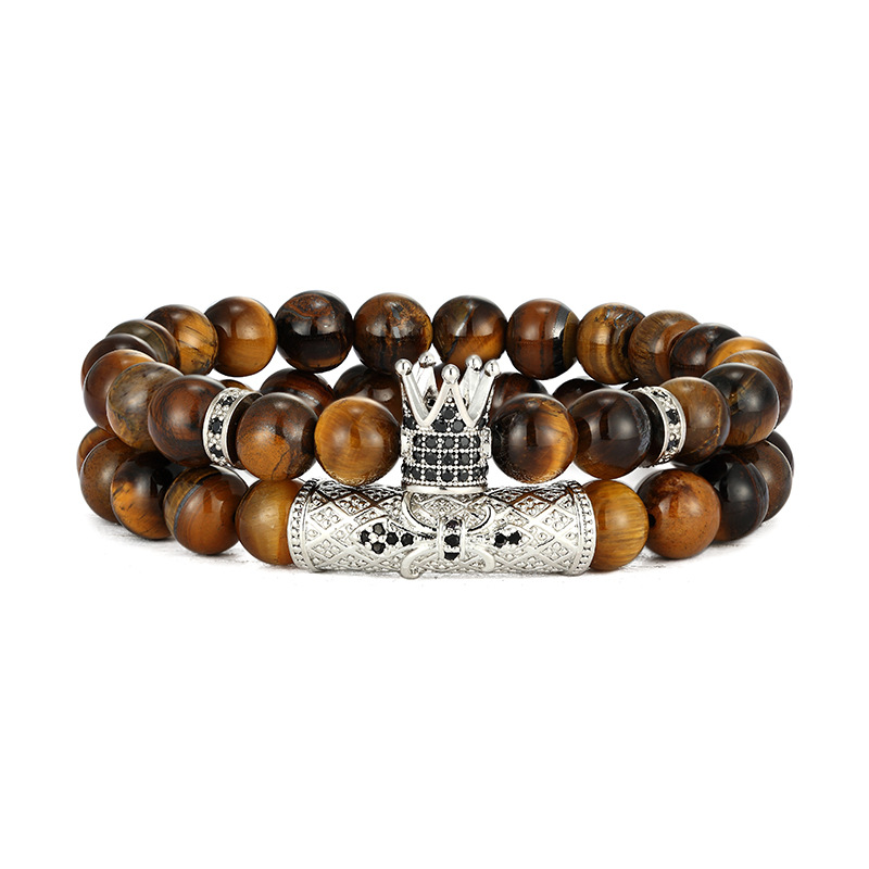 High Quality Tiger Eye Beads Strands Bracelets CZ Copper Tube Crown Charm Bracelet 2PCS/Set