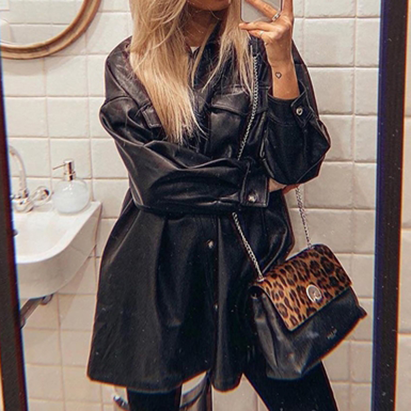 Fandy Lokar PU Leather Coats Women Fashion Loose Pockets Long Sleeve Jackets Women Elegant Tie Belt Waist Coats Female Ladies GC T200805