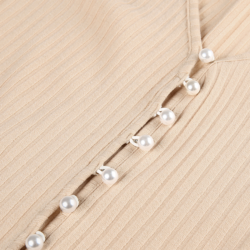 Iamhotty Beading Zip-Up Knitted T Shirt Woman V-Neck Skin Color Autumn Tshirts Casual Tees Long Sleeve Tee Shirts Basic 201028