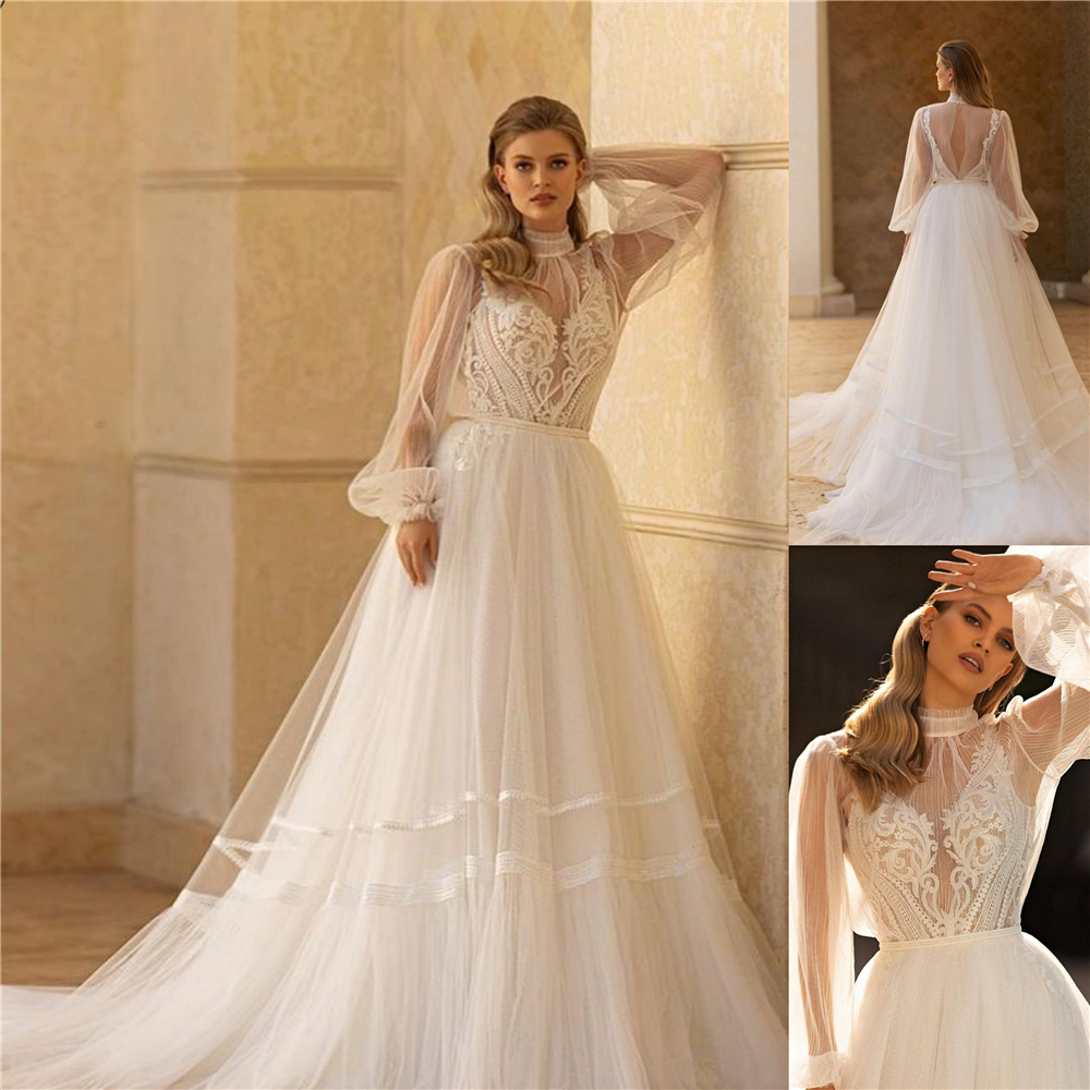 Newest A Line Wedding Dresses Long Sleeves High Neck Appliqued Lace Princess Bridal Gowns Chic Sweep Train Robes De Marie
