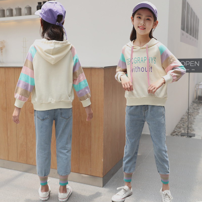 Children Clothing New 2020 Autumn Winter Teens Girls Clothes Hoodies+Jeans2pcs Outfit Kids Sports Suit For Girls Clothing SetsX1019