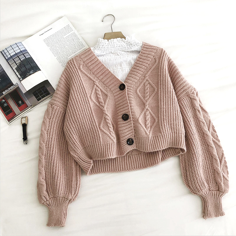 Women Button Up Sweater Fashion Autumn Winter V Neck Single-breasted Crop Sweaters Woman Korean Oversize Short Cardigan 201223