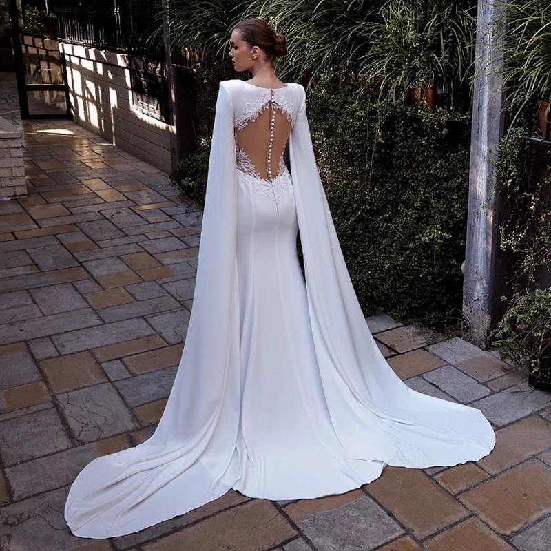 New Julie Vino Mermaid Wedding Dresses with Wrap Cloak Satin Bridal Gowns Lace Applique Buttons Back Sweep Train Vestidos De Noiva