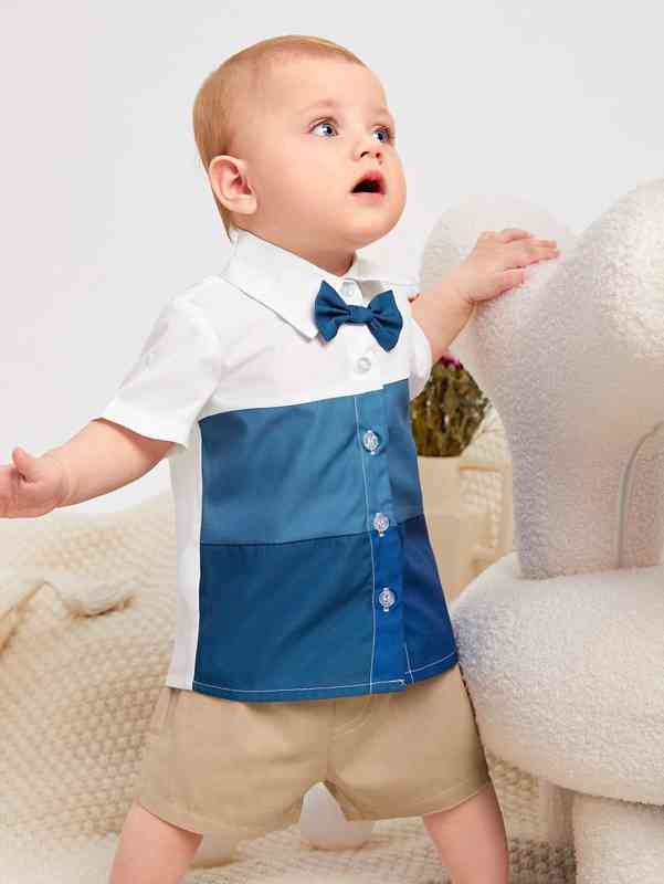 Baby Color Block Bow Front Shirt & Shorts SHE