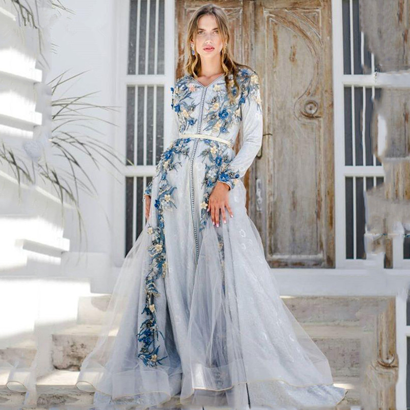 Moroccan caftan Sky Blue Evening Dresses 3D Flowers Arabic Muslim Special Occasion Dress Prom Party Gowns