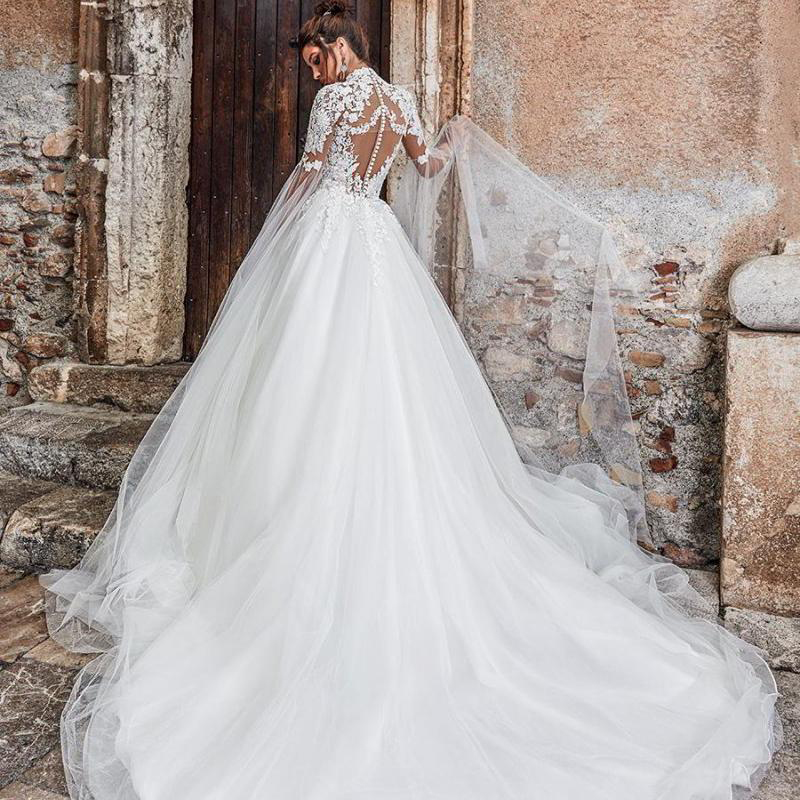 High Neck White A Line Wedding Dress Lace Applique Sheer Beach Garden Bridal Gowns vestidos de novia