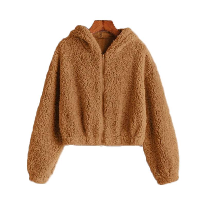 Women's Jackets Fleece Zip Up Teddy Bear Fur Coat Jacket Hoodies Crop Fashion Women Fluffy Hooded Winter Warm