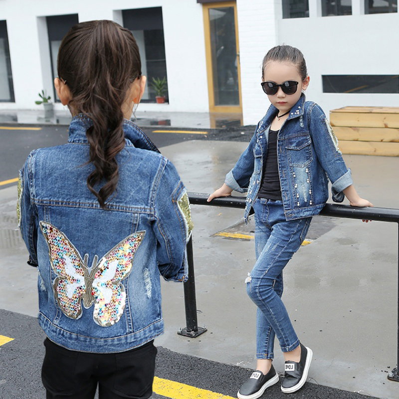 New Baby Girls Denim Jacket Cardigan Coat Kids Jean Outwear Butterfly Embroidery Sequins Girls Children Clothing Spring Clothes 201106