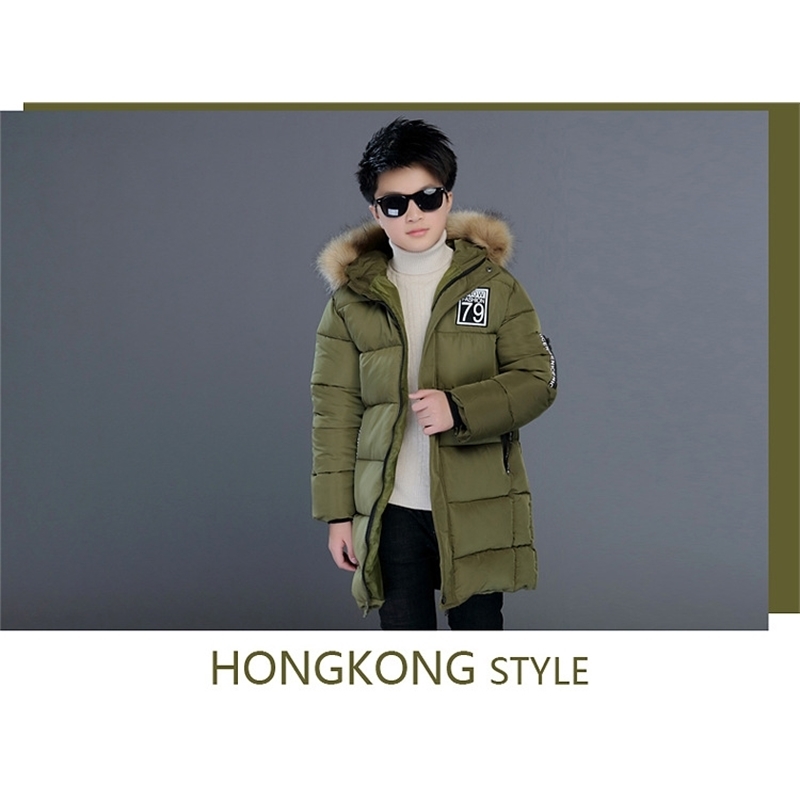 4-14y teens for boys Overcoat thick warm fur collar long boy's clothes kids hooded jacket cotton coat LJ201125