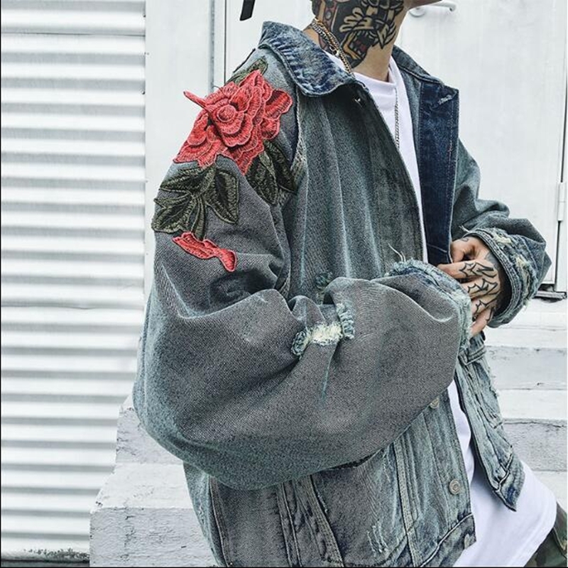 Spring Men's Clothing Denim Jacket 3D Rose Flower Embroidery Vintage Frayed Hole Coats High Street Hip Hop Outerwear 201127
