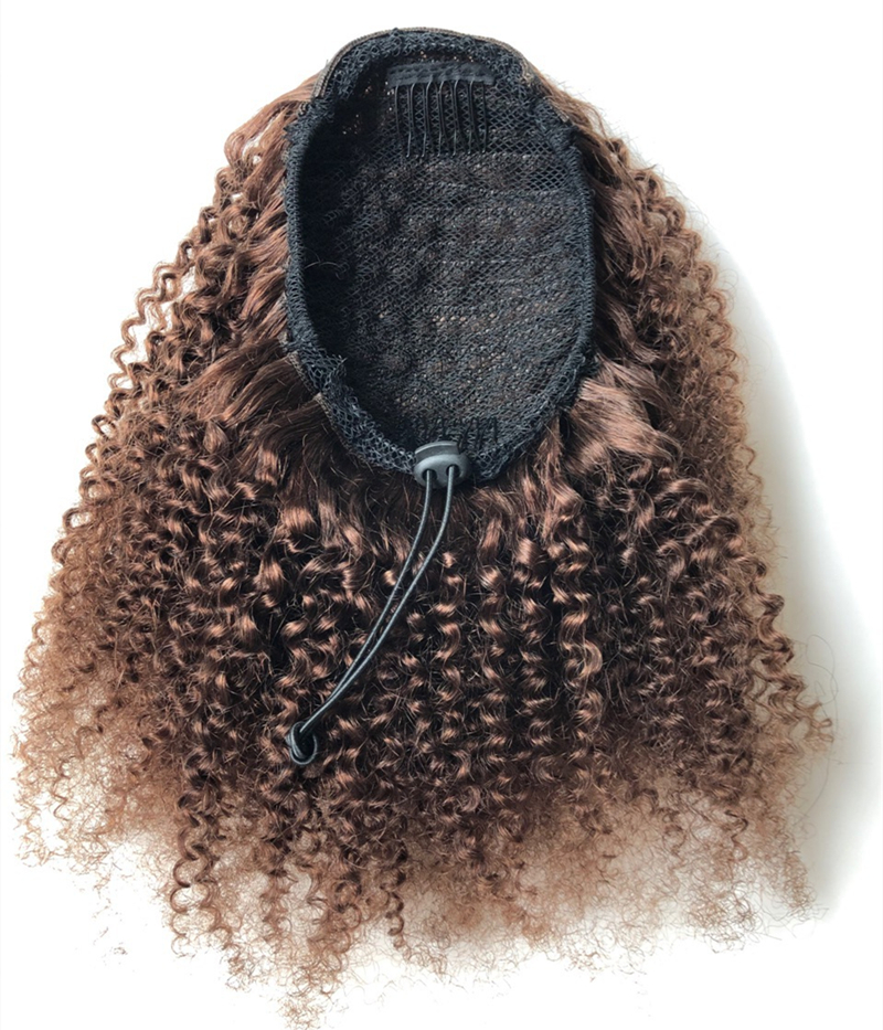 Medium brown kinky curly drawstring ponytail hair piece 100% human hair ponytail clip in afro puff chignon updo