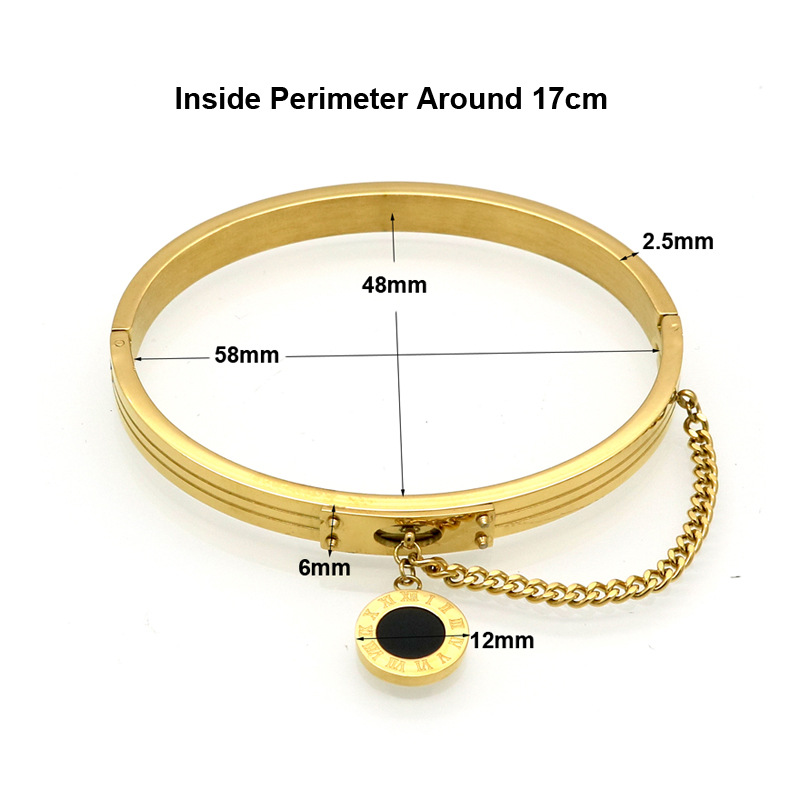 Womens Gift Round Black Shell Roman Numerals Charm Bangle Bracelet with Chain