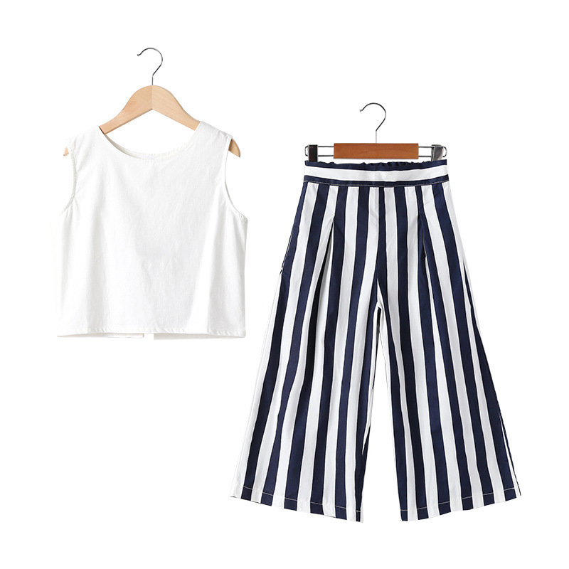 2020 Summer Girls Casual Clothing Sets Children Sleeveless Tops+Stripes Wide-leg Pants Outfits 2Pcs Kids Outfits 8 10 12 14 Year LJ200916