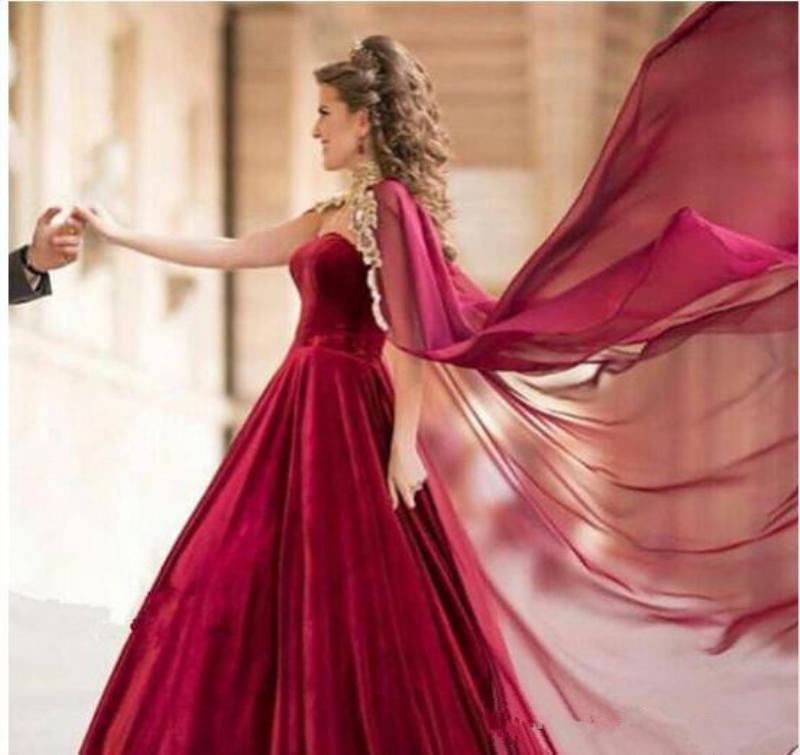 2021 Elegant Saudi Arabic Burgundy Velvet Chiffon Evening Dresses with Cape Women Formal Gowns Party Wear High Neck Mariage Prom Dress Long