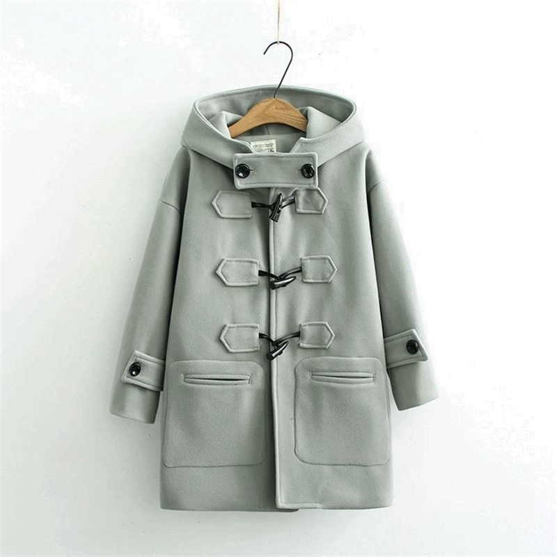 Cow horn buckles coats women autumn and winter long woolen coat hooded student small coat 201027