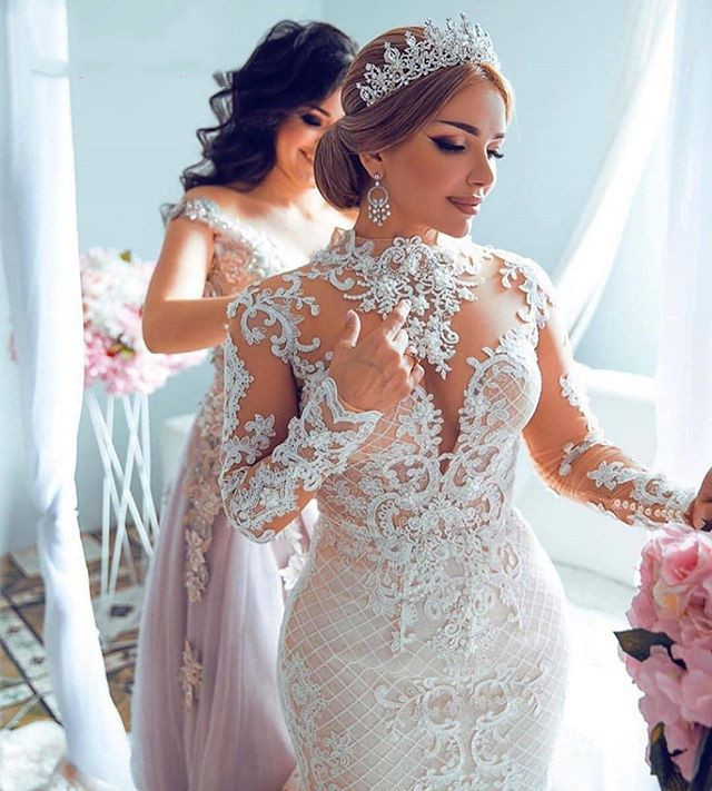 Dubai Dresses With Detachable Train Elegant High Neck Lace Appliques Mermaid Wedding Gowns Long Sleeves Bride Dress Trouwjurk