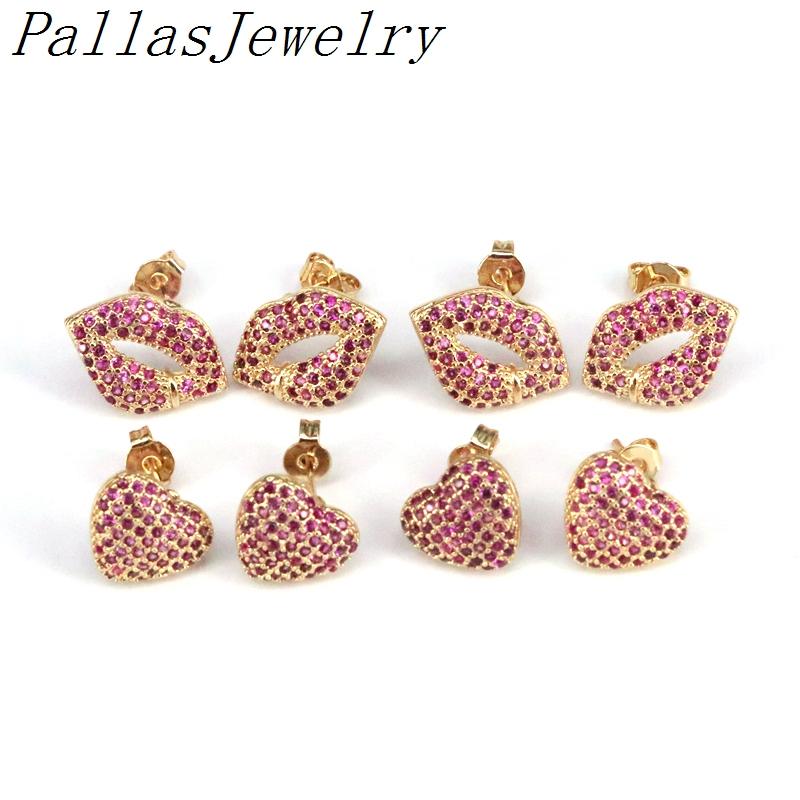 6Pairs, Lip Heart Stud-Earrings CZ Micro Pave Fashion Wedding Jewelry Romantic Gold Color for Girls Women Gift