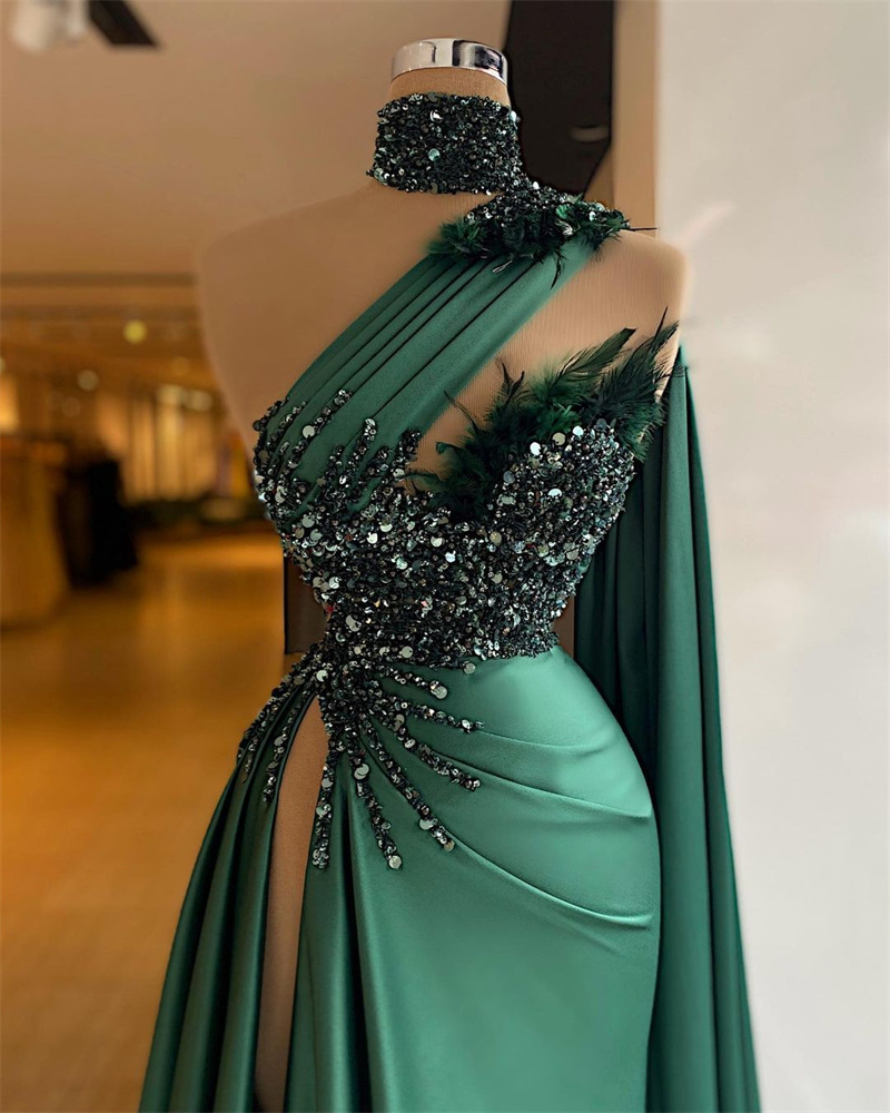 Feather Emerald Green Prom Dresses With Wrap Sequins Evening Dress Custom Made Side Split High Mermaid Party Gown