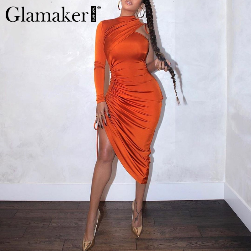 Glamaker Pleated high split sexy bodycon dress Women black long sleeve party night club dress Elegant midi autumn dress ladies LJ201202