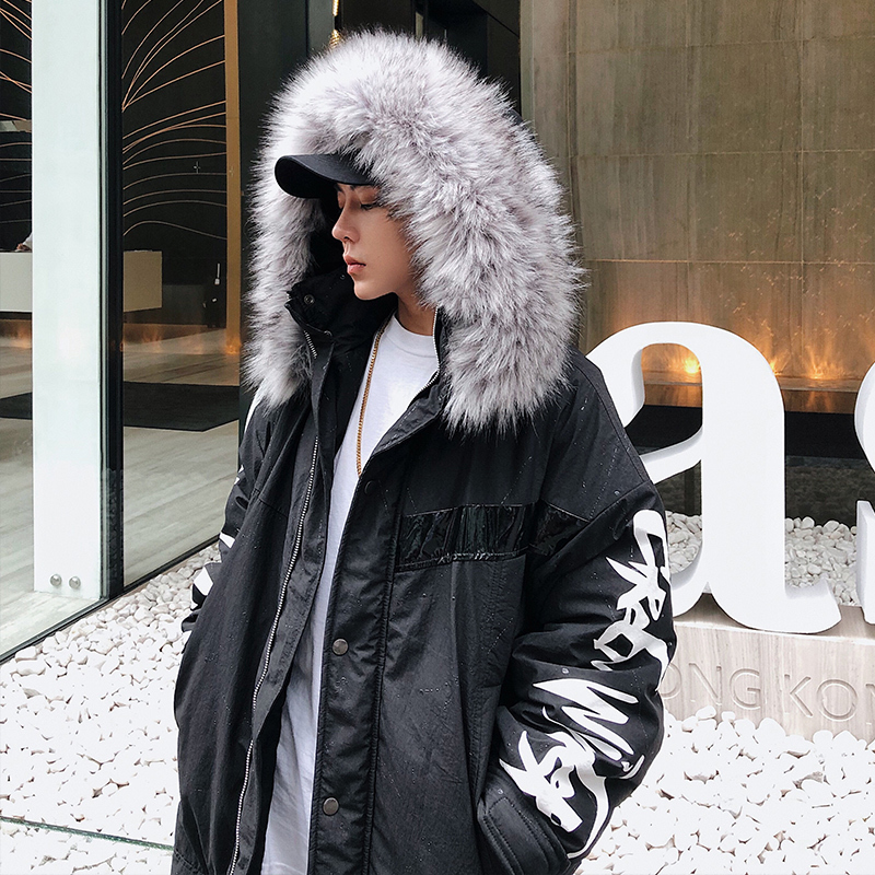 Winter hip hop fashion long fur collar coat cotton jacket Hoodies clothing Street wear outerwear & coats warm thick T200102