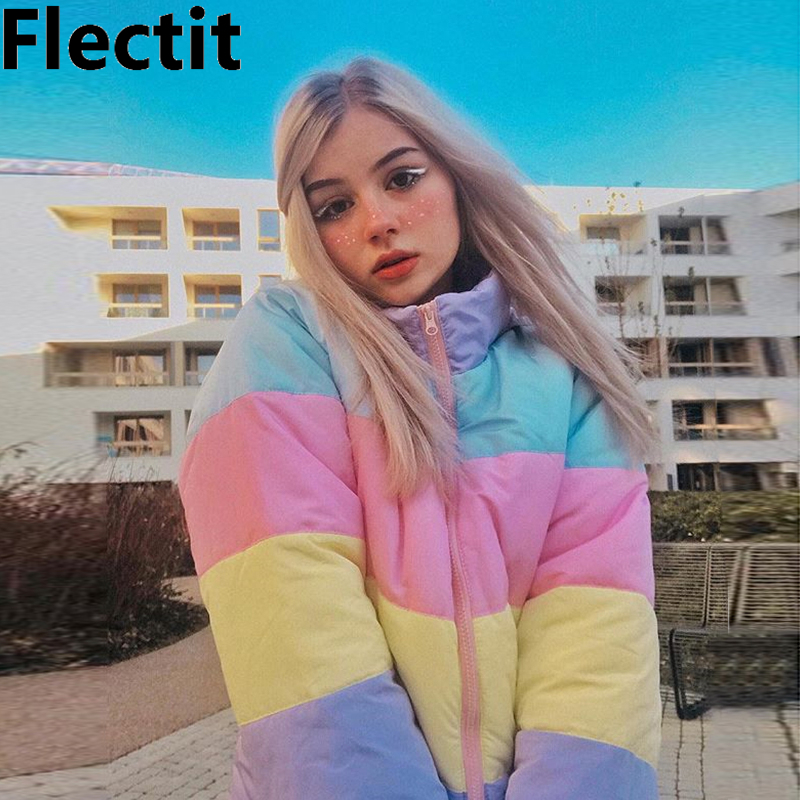 Flectit Lazy Pastel Puffer Jacket With Hood Warm Padded Coat Women Winter Rainbow Bomber Jacket Harajuku * 201023