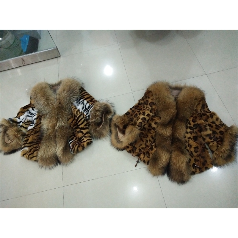Natural Raccoon Fur Coat Genuine Fur Jackets Overcoat Women's Real Rabbit Fur Outerwear Tiger Stripes Leopard Plus Size 6XL Cape 201112