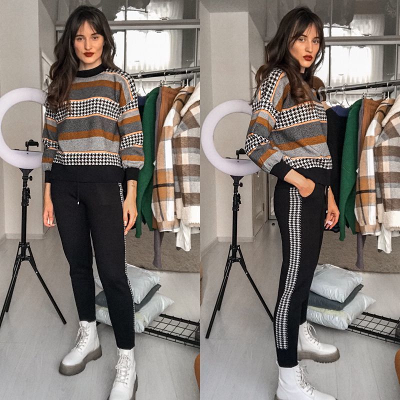 GIGOGOU Houndstooth Knit 2 Piece Set Tracksuits Fall Winter Oversized Women Sweater Carrot Harem Pants Color Block Sportsuit 201119