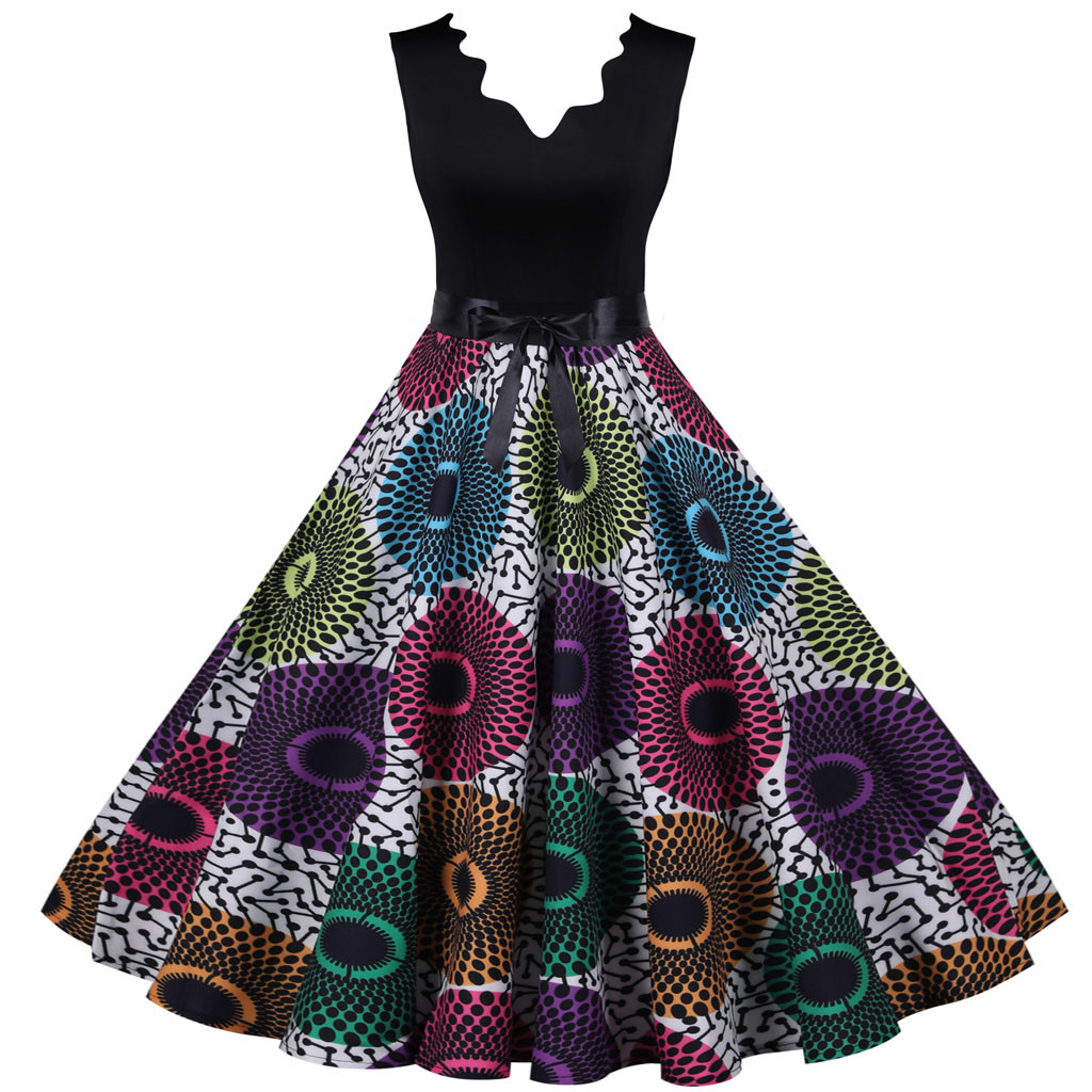Vintage Summer Print Sleeveless Evening Party Dress for Women Female Fashion Dresses