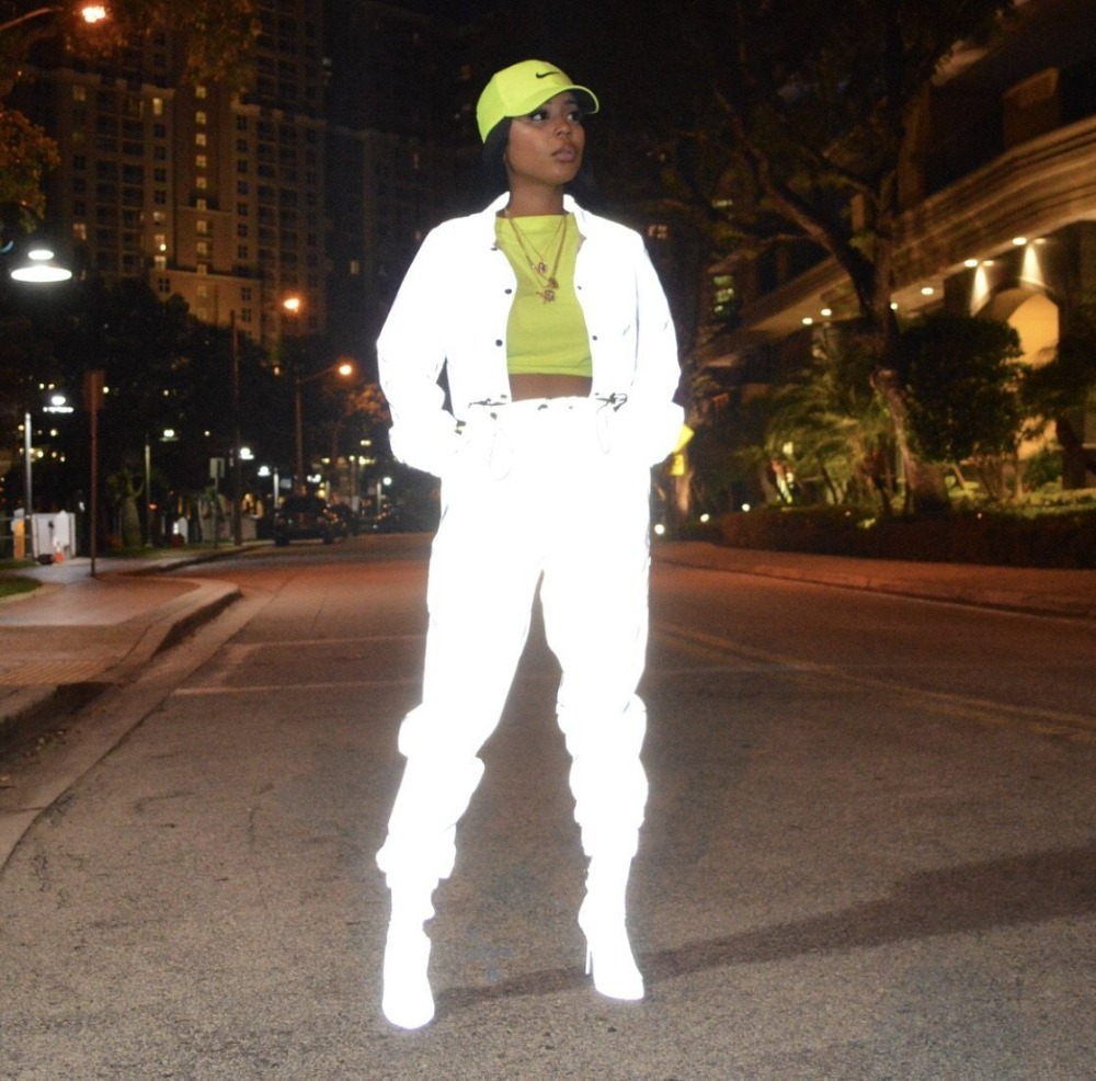 Women Reflective Two Piece Set Tracksuit Sexy Crop Top and Pants Sweat Suits Fluorescent Clothing 2 Piece Club Outfits Jogger T200116