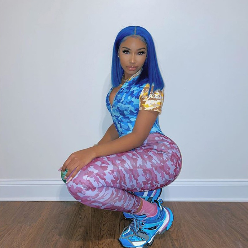 HAOYUAN Sexy Camouflage Two Piece Set Tracksuit Women Summer Clothes Bodysuit and Pant Sweat Suits 2 Piece Outfits Matching Sets T200603