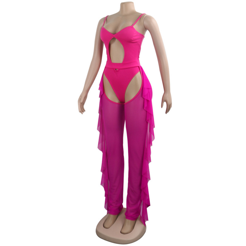 Adogirl Fluorescence Color Fashion Printed Swimsuit Mesh Two Piece Set Hollow Out Spaghetti Straps Bodysuit Swimwear